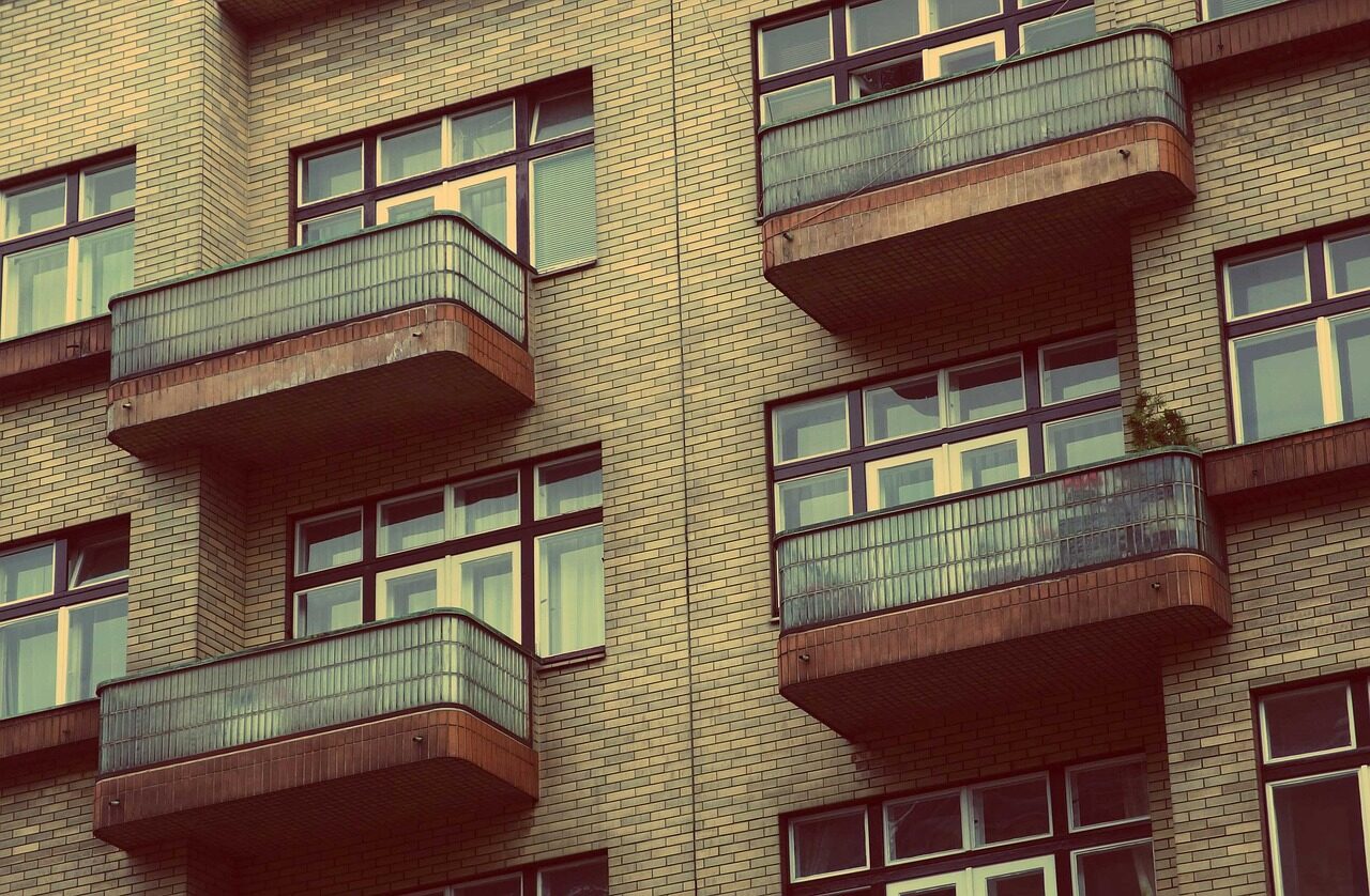 apartments, condos, flats, balconies, windows, building, city, architecture, urban, brown balcony